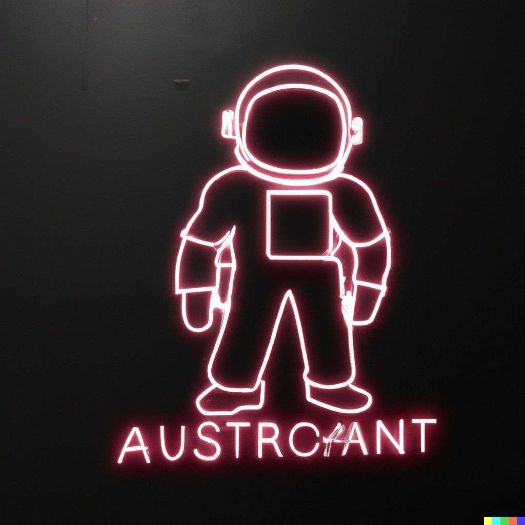 an astronaut, neon sign on a black wall